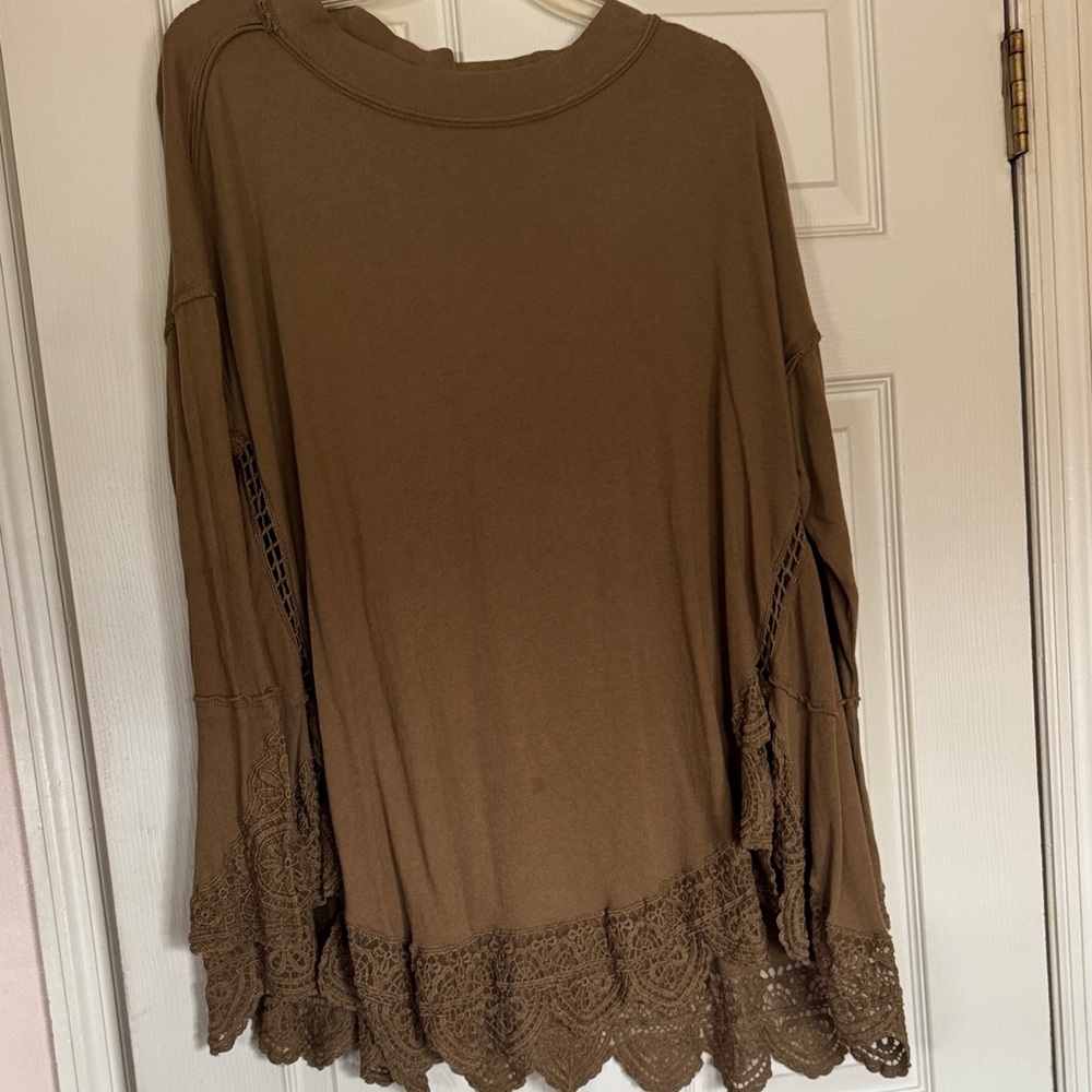 Free People Brown Crochet-Hem Long Sleeve Tunic